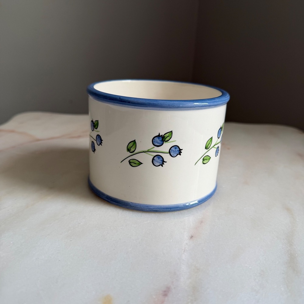 Ceramic Blueberry Crock Hand Painted Blue White Planter Jar 4.75in‎ Cottagecore